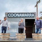 Member for MacKillop Nick McBride, CV Patron Wendy Hollick and WRC Mayor Des Noll join in the Grape stomping at the iconic Coonawarra Siding